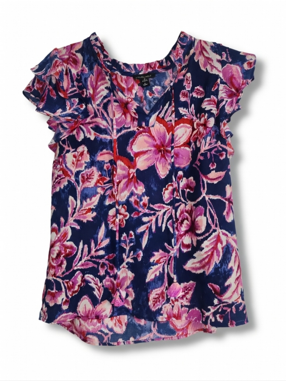 1. STATE Boho Floral V-Neck Ruffle Sleeve Blouse with Pink Print Tropical Size M